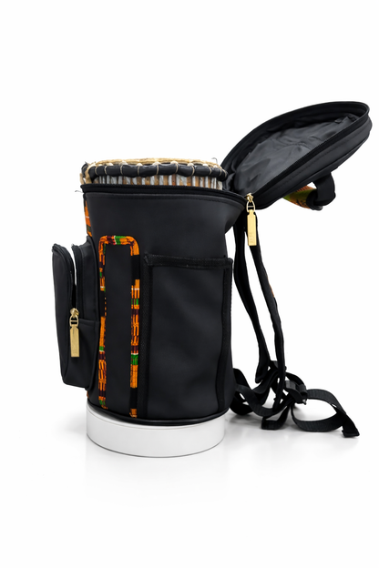 Multi-Purpose Cylindrical Carry Bag for 11" Djembe Drum – Black with African Kente Accents, Travel Utility Bag with Front Pocket and Top Handle