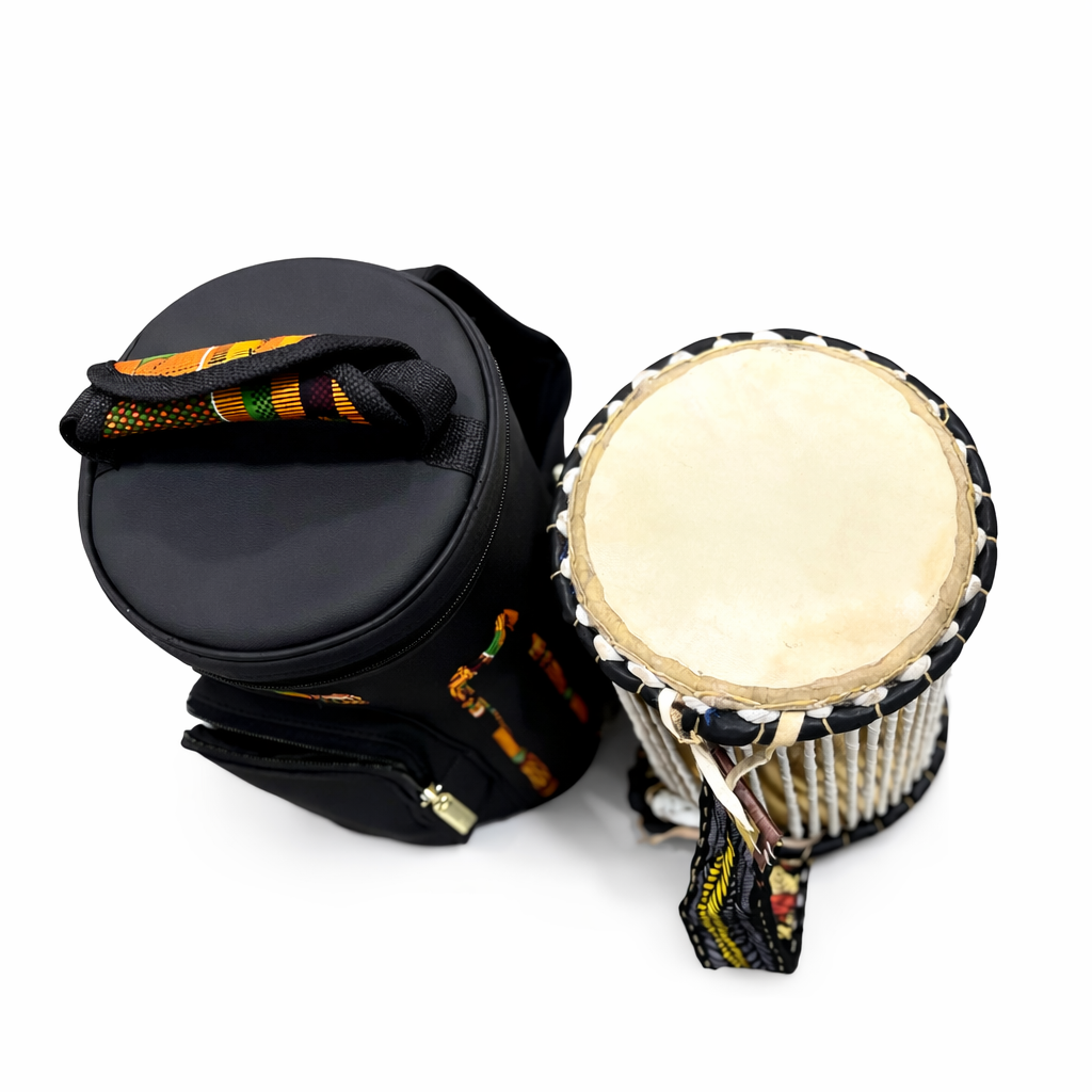 Multi-Purpose Cylindrical Carry Bag for 11" Djembe Drum – Black with African Kente Accents, Travel Utility Bag with Front Pocket and Top Handle