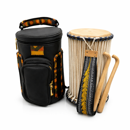 Multi-Purpose Cylindrical Carry Bag for 11" Djembe Drum – Black with African Kente Accents, Travel Utility Bag with Front Pocket and Top Handle
